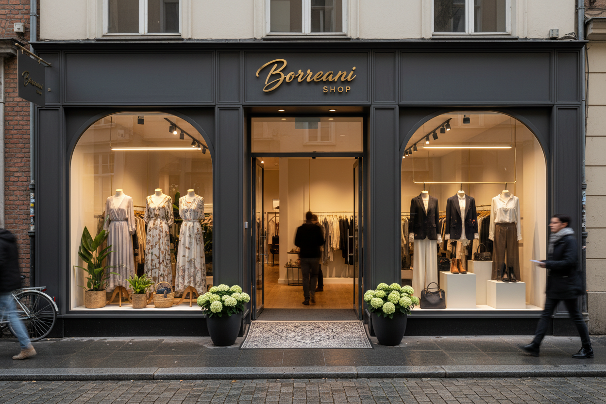 negozio di abbiamento visto dall'esterno con insegna Borreani Shop